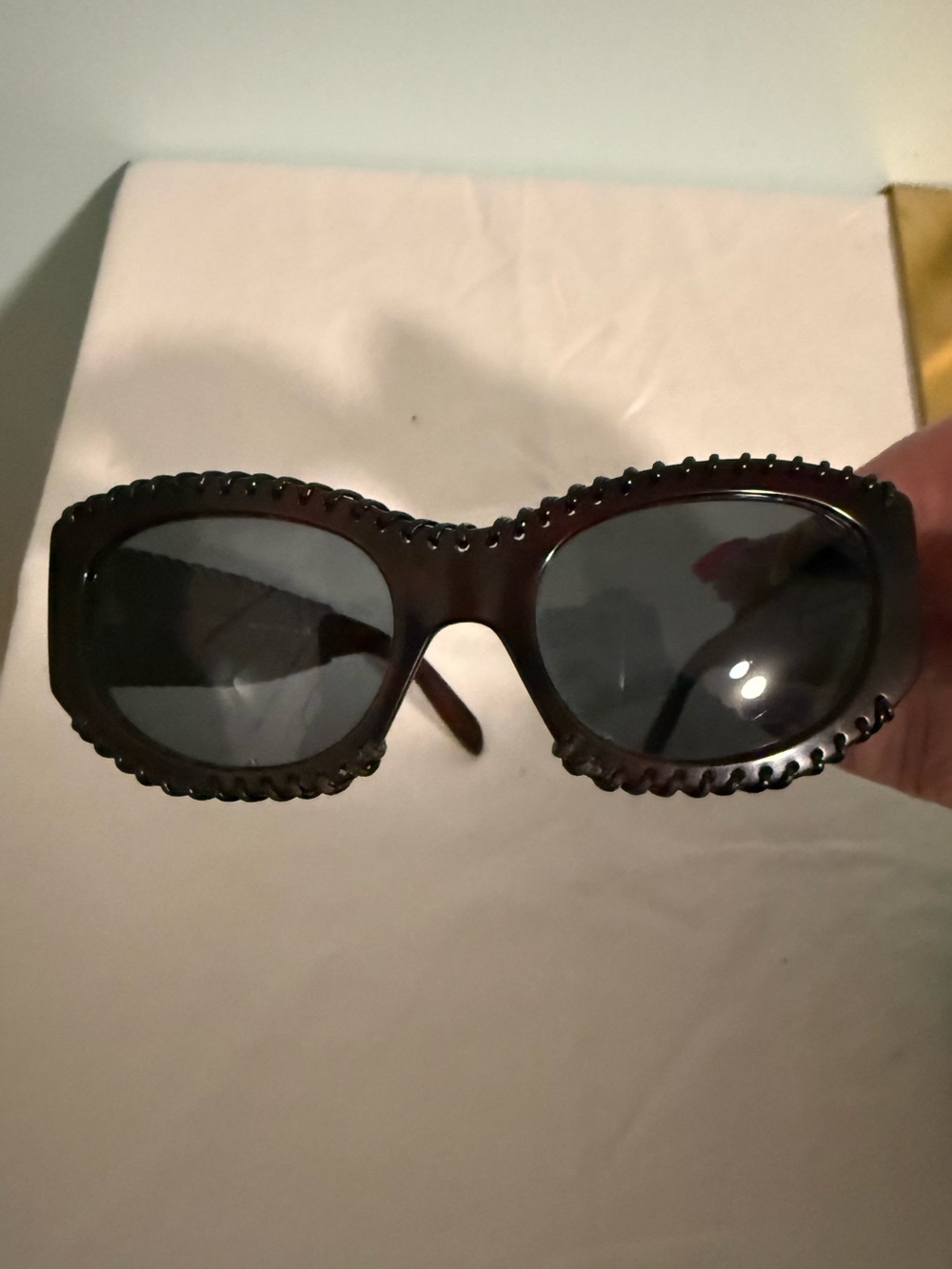 Burberry Dark Brown Oval Sunglasses with Black leather Trim! So unique! - Picture 5 of 12